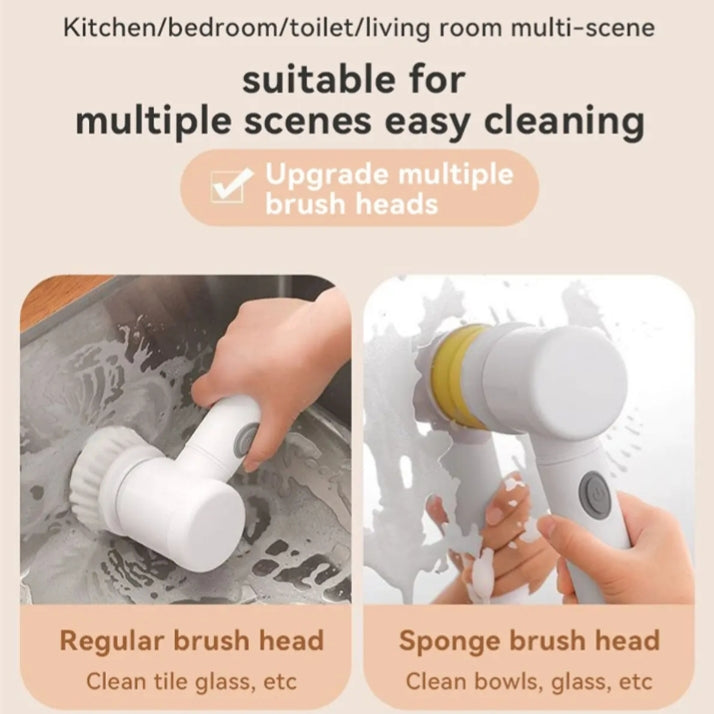 5 in1 Rechargeable Magic Brush | Car Waxing Handheld Scrubber | 360 Degree Rotate with 3 Replaceable Multipurpose Brush | Heads Kitchen Dishwashing Sponge Electric Cleaning Brush