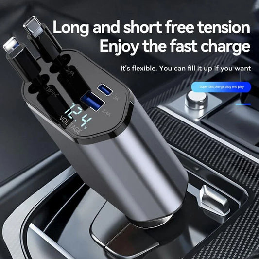 4-in-1 Retractable Car Charger | Dual Port USB-C PD Fast Charging | Premium Quality