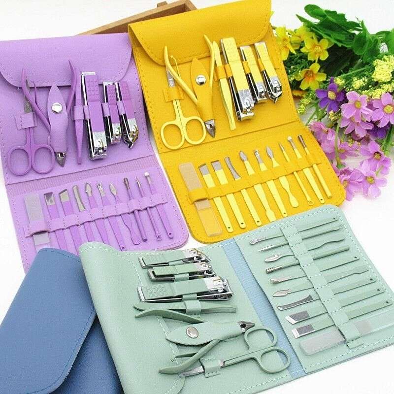 16 Pcs Stainless Steel Color-Coated Manicure and Pedicure Set with Leather Case for Travel