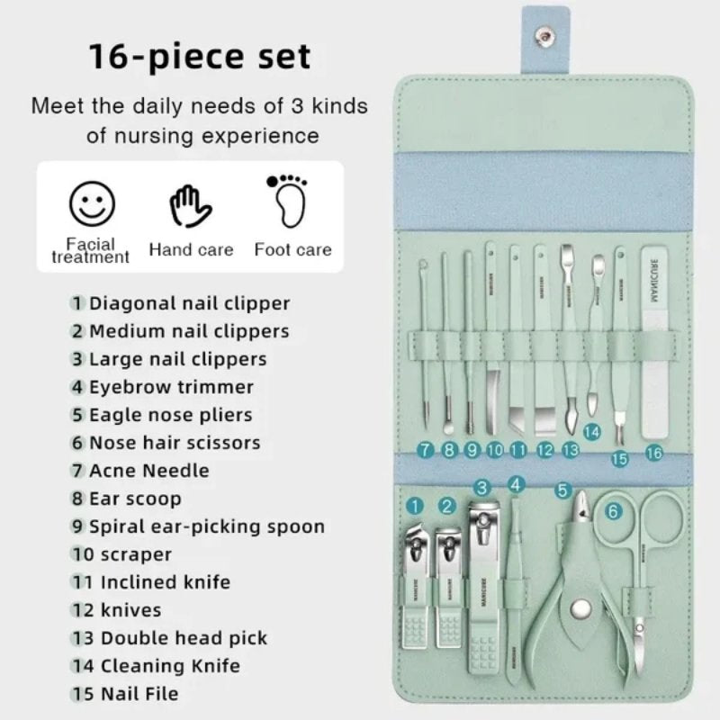 16 Pcs Stainless Steel Color-Coated Manicure and Pedicure Set with Leather Case for Travel