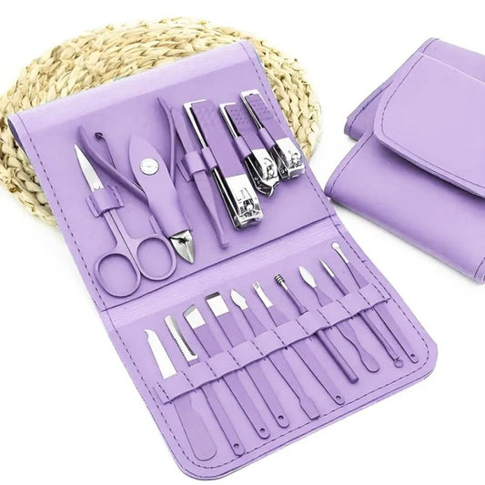 16 Pcs Stainless Steel Color-Coated Manicure and Pedicure Set with Leather Case for Travel